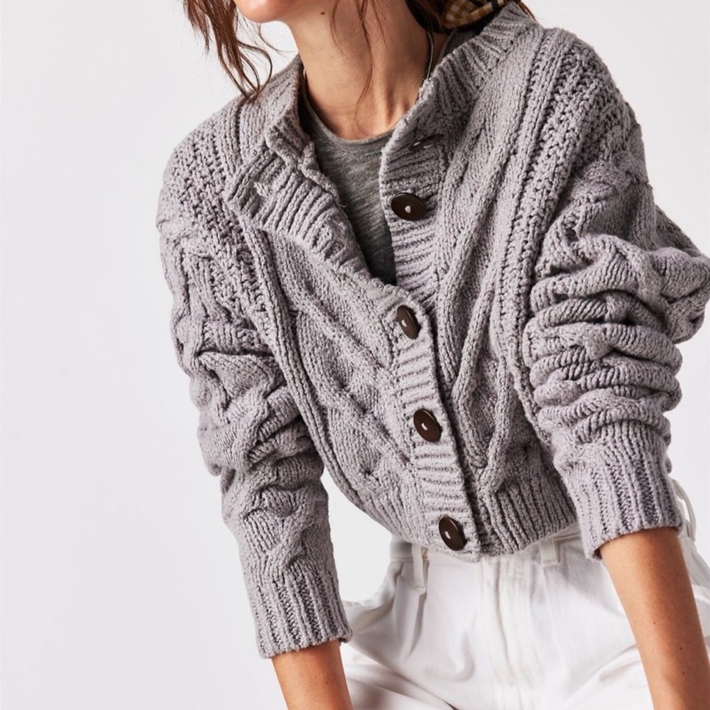 NWT - Free People Bonfire Cable Knit Cardi in Stone (Grey) - Picture 2 of 12